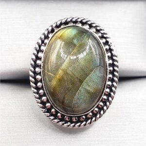 Genuine Oval Labradorite 925 Sterling Silver Bead Rope Halo Ring